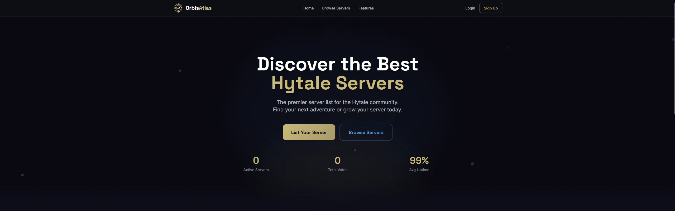 Screenshot of Orbis Atlas — a community server listing platform for Hytale